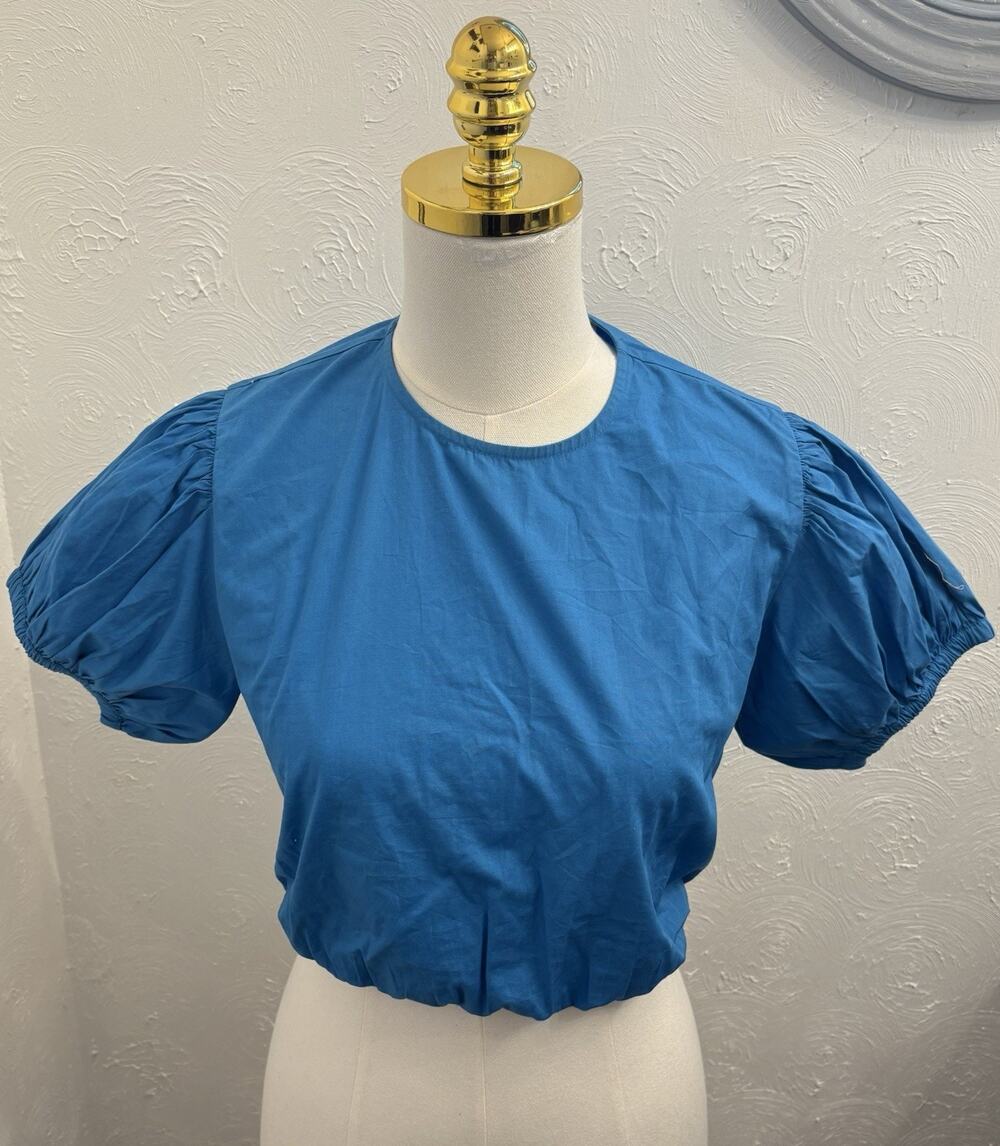 Playa Lucila Crew Top Women’s Small Blue Puff Sleeve Cotton Cropped